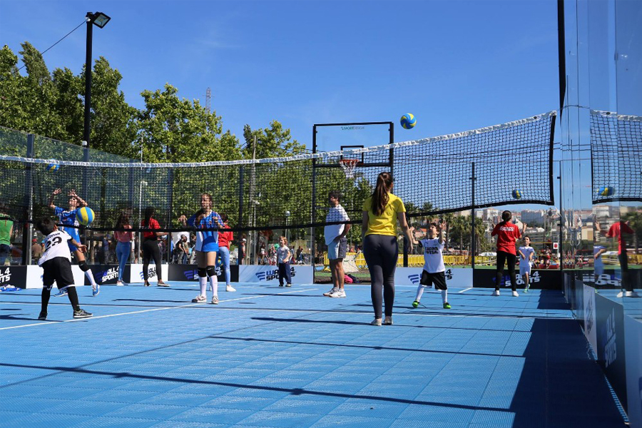 volleyball court with players